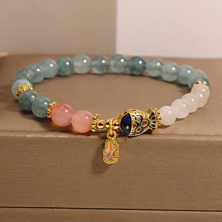 Buddha Stones翡翠 燕元瑪瑙 白翡翠 鯉 経文 チャーム幸運ブレスレット