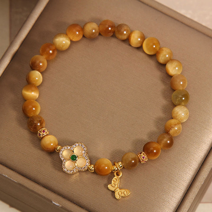 Buddha Stonesタイガーアイ 四つ葉のクローバー 蝶の守護ブレスレット