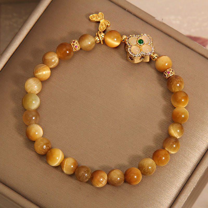Buddha Stonesタイガーアイ 四つ葉のクローバー 蝶の守護ブレスレット