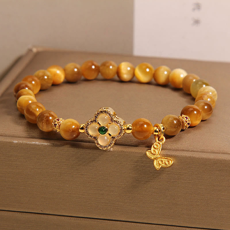 Buddha Stonesタイガーアイ 四つ葉のクローバー 蝶の守護ブレスレット