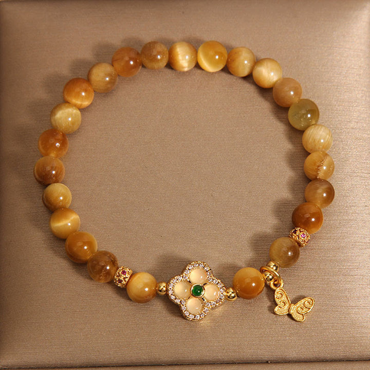 Buddha Stonesタイガーアイ 四つ葉のクローバー 蝶の守護ブレスレット