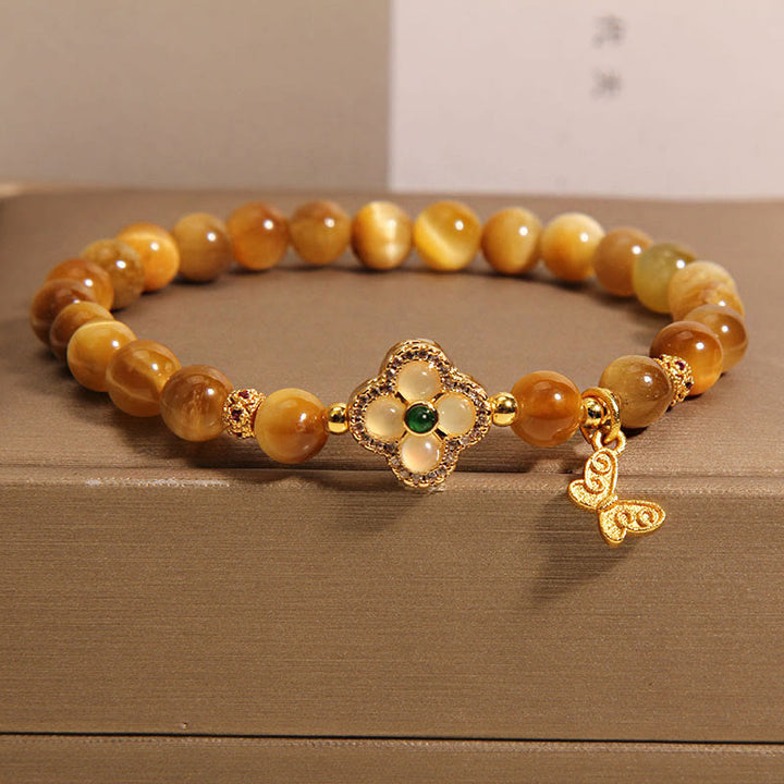 Buddha Stonesタイガーアイ 四つ葉のクローバー 蝶の守護ブレスレット