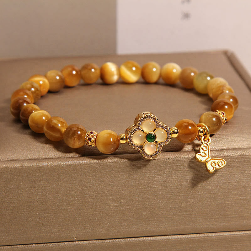 Buddha Stonesタイガーアイ 四つ葉のクローバー 蝶の守護ブレスレット