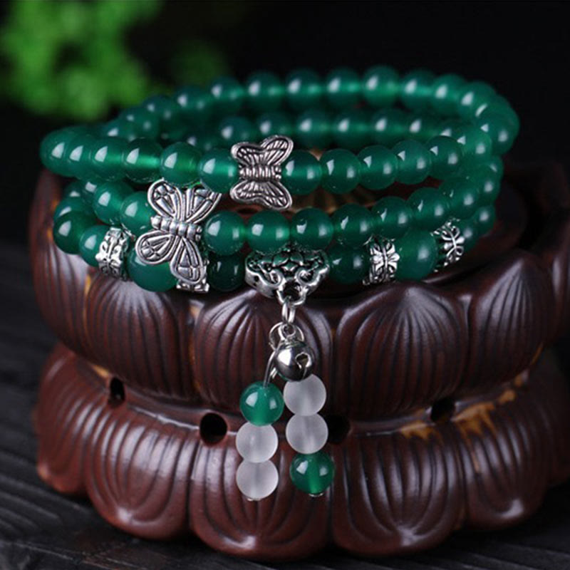 Buddha Stones天然グリーンアゲート バタフライサポートブレスレット