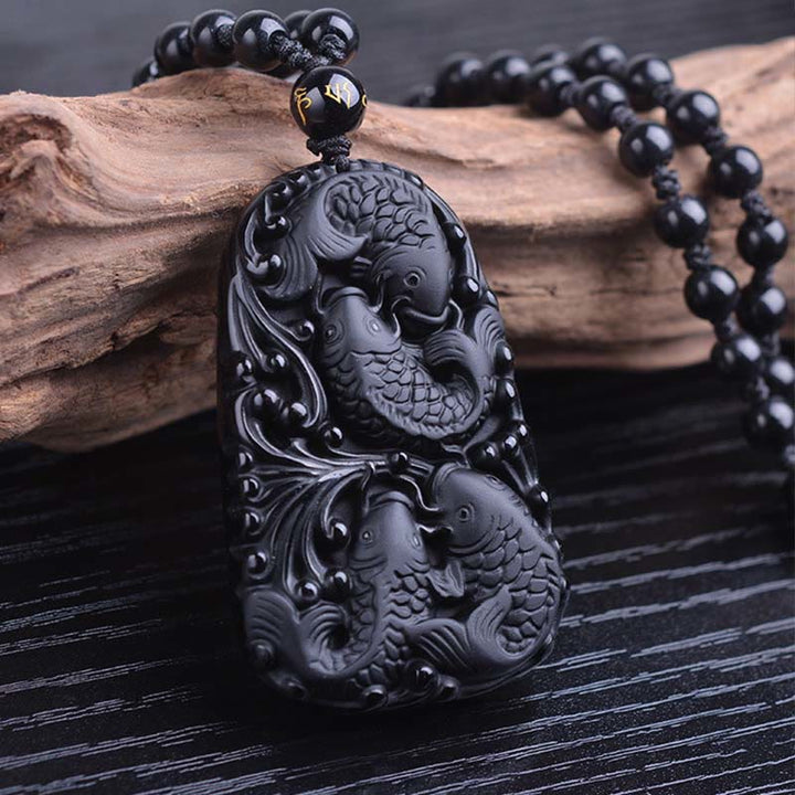 Buddha Stones黒曜石 鯉 彫刻 強さ ビーズ ネックレス ペンダント - image 11