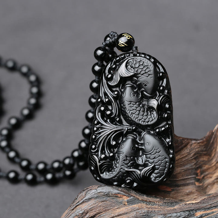 Buddha Stones黒曜石 鯉 彫刻 強さ ビーズ ネックレス ペンダント - image 9