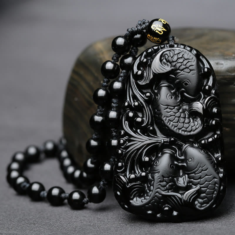 Buddha Stones黒曜石 鯉 彫刻 強さ ビーズ ネックレス ペンダント - image 4
