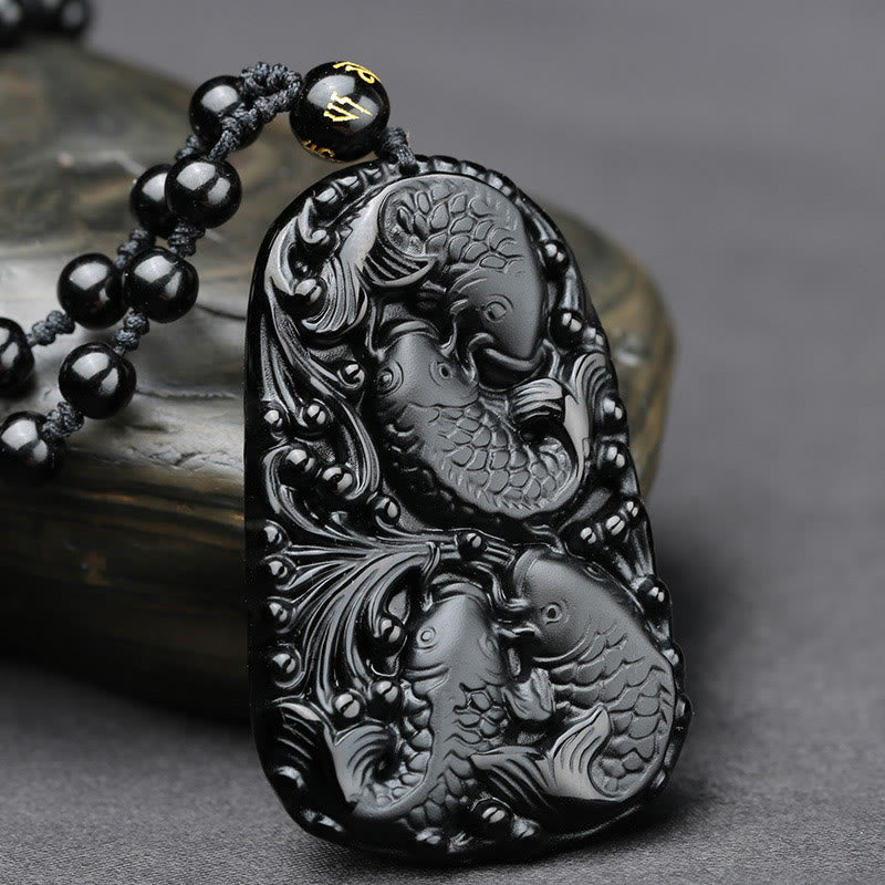 Buddha Stones黒曜石 鯉 彫刻 強さ ビーズ ネックレス ペンダント - image 2