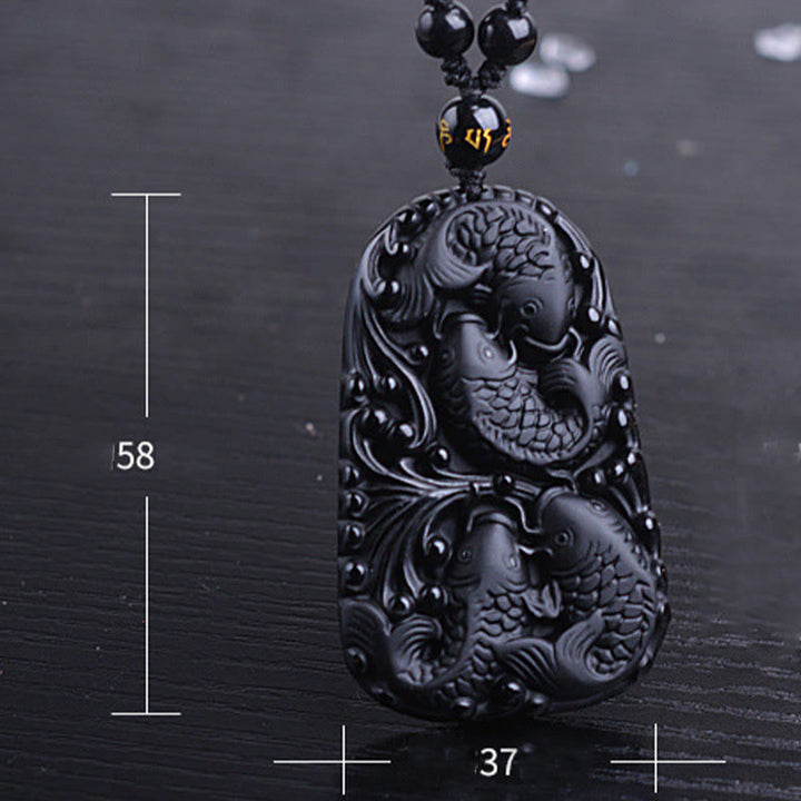 Buddha Stones黒曜石 鯉 彫刻 強さ ビーズ ネックレス ペンダント - image 16