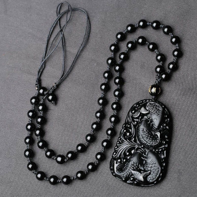 Buddha Stones黒曜石 鯉 彫刻 強さ ビーズ ネックレス ペンダント - image 10