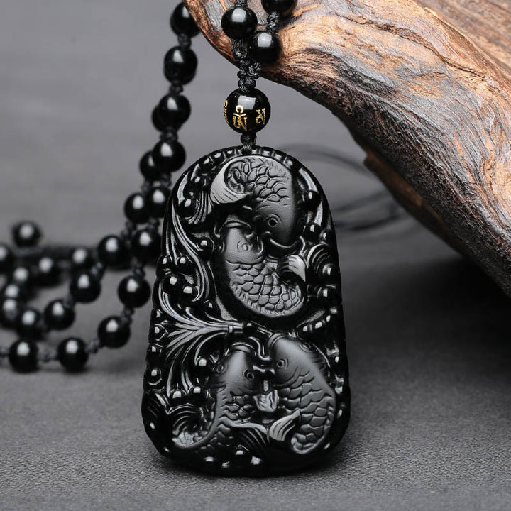 Buddha Stones黒曜石 鯉 彫刻 強さ ビーズ ネックレス ペンダント - image 8
