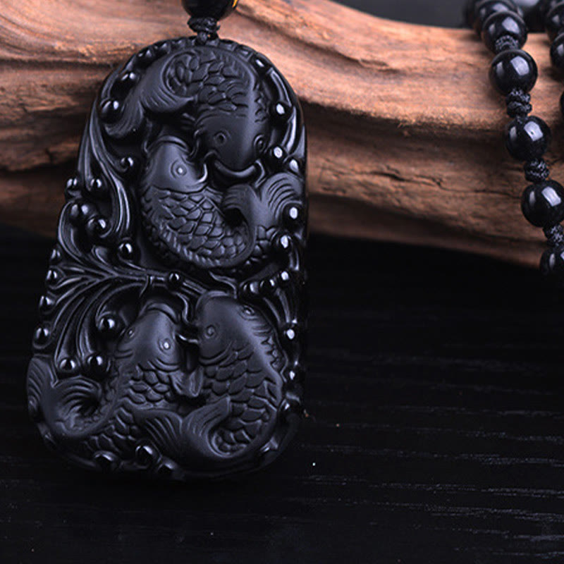 Buddha Stones黒曜石 鯉 彫刻 強さ ビーズ ネックレス ペンダント - image 14