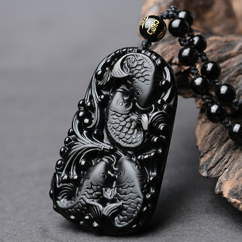Buddha Stones黒曜石 鯉 彫刻 強さ ビーズ ネックレス ペンダント - image 3