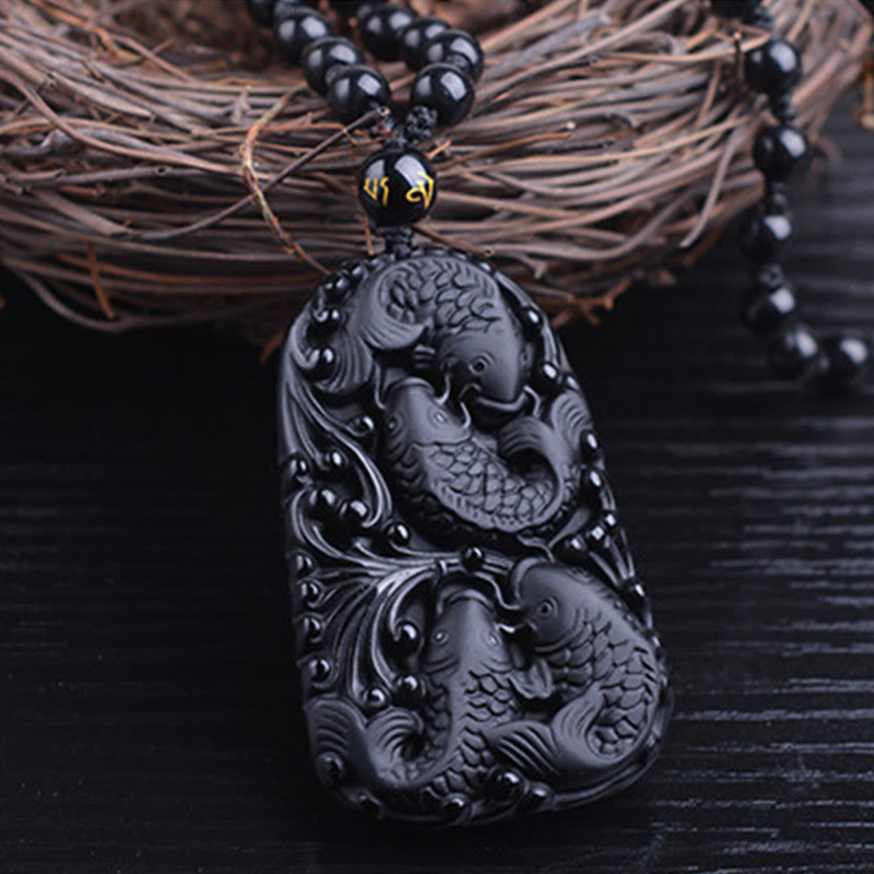 Buddha Stones黒曜石 鯉 彫刻 強さ ビーズ ネックレス ペンダント - image 12