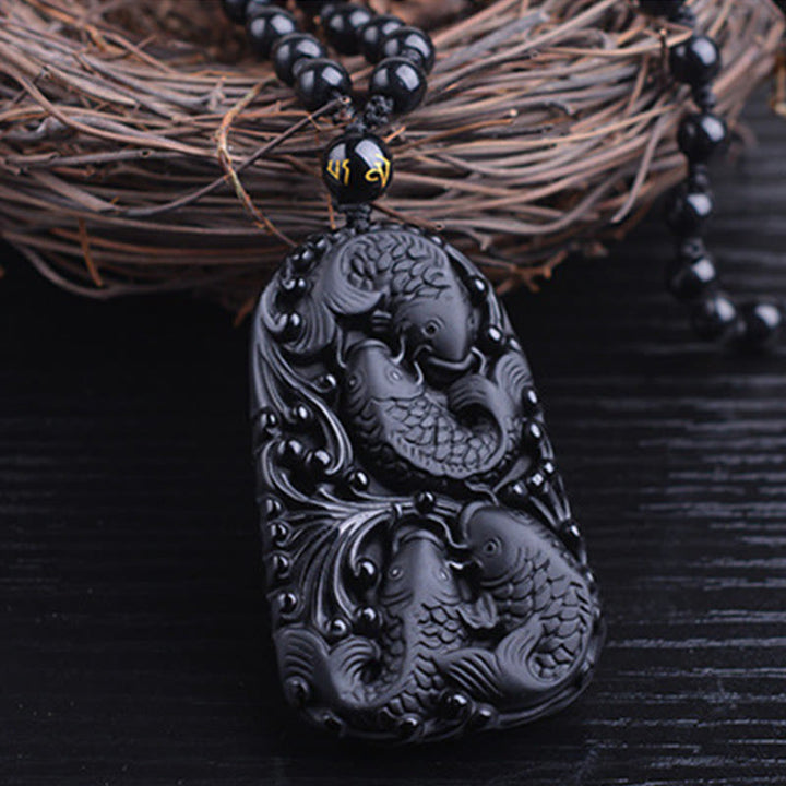 Buddha Stones黒曜石 鯉 彫刻 強さ ビーズ ネックレス ペンダント - image 12