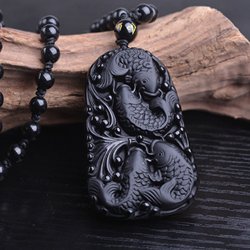 Buddha Stones黒曜石 鯉 彫刻 強さ ビーズ ネックレス ペンダント - image 13