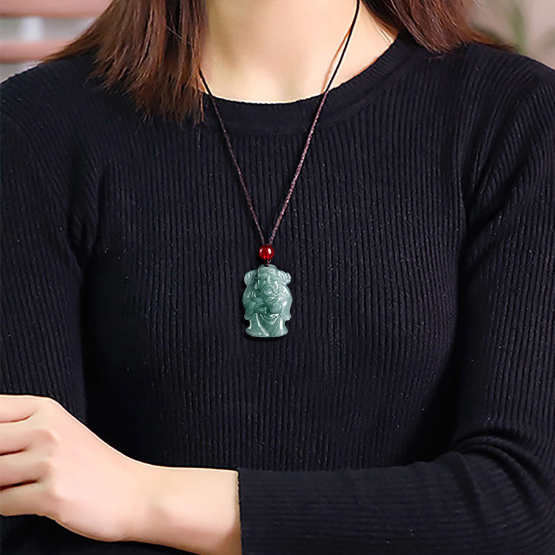 Buddha Stones天然グリーン翡翠 中国富貴神 財神インゴット 豊穣のネックレスペンダント