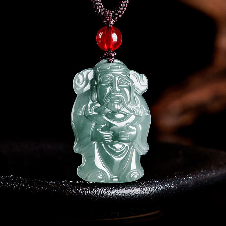 Buddha Stones天然グリーン翡翠 中国富貴神 財神インゴット 豊穣のネックレスペンダント