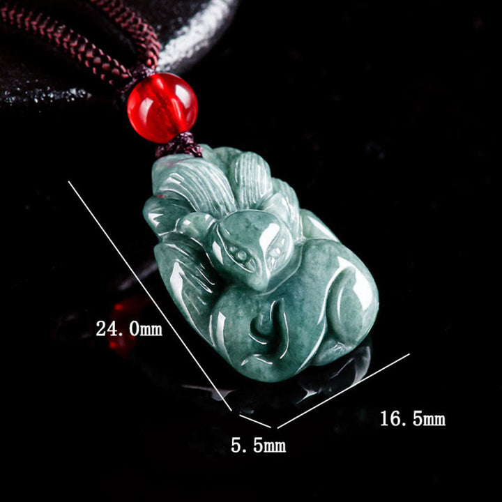 Buddha Stones天然緑翡翠九尾狐彫刻繁栄ネックレスペンダント