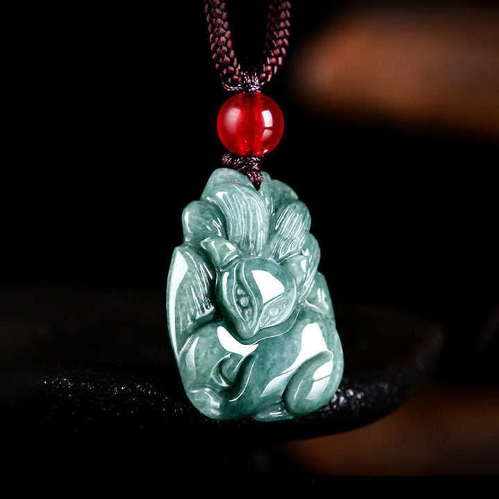 Buddha Stones天然緑翡翠九尾狐彫刻繁栄ネックレスペンダント