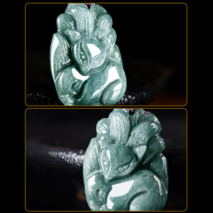 Buddha Stones天然緑翡翠九尾狐彫刻繁栄ネックレスペンダント