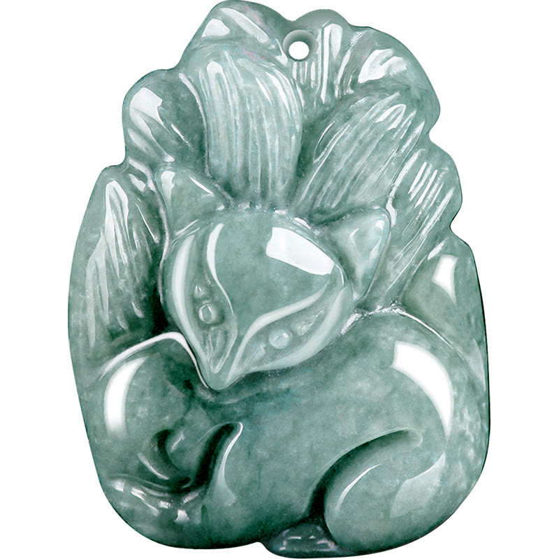 Buddha Stones天然緑翡翠九尾狐彫刻繁栄ネックレスペンダント