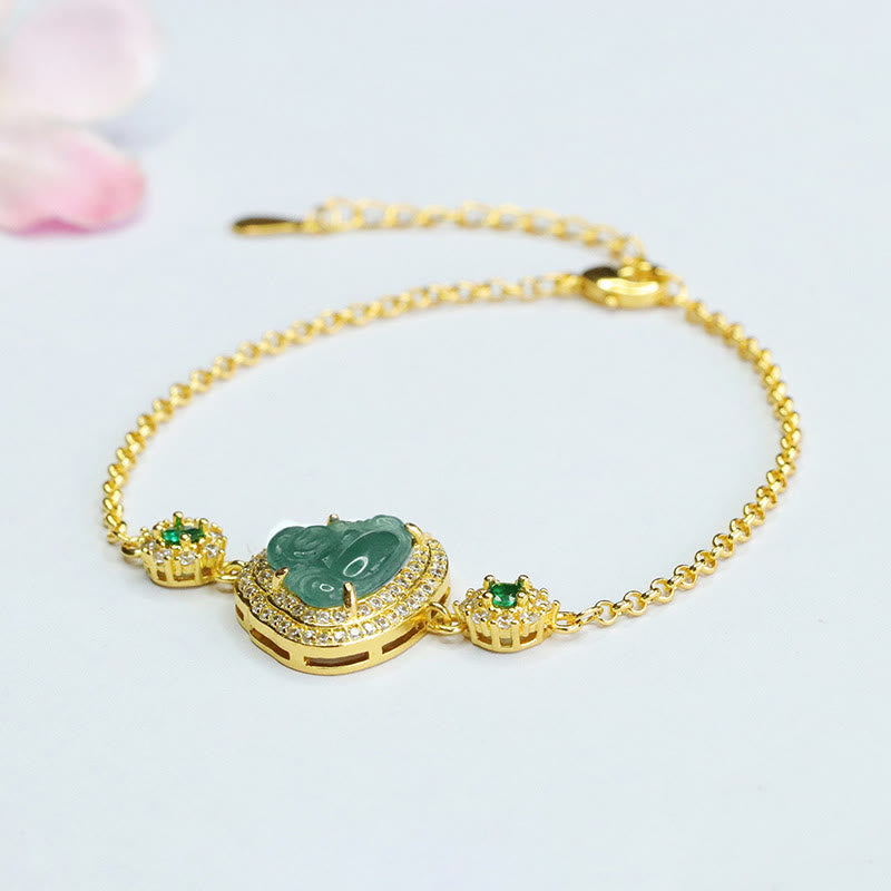 Buddha Stones笑う仏陀 グリーン翡翠 ジルコン 幸運のチェーンブレスレット