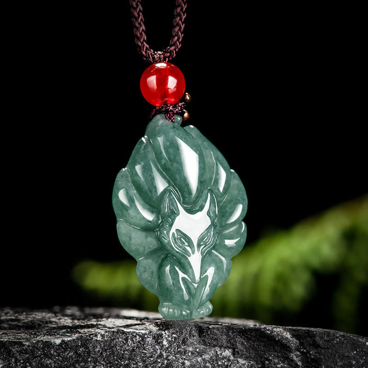 Buddha Stones天然緑翡翠九尾狐幸運ネックレスペンダント - image 2