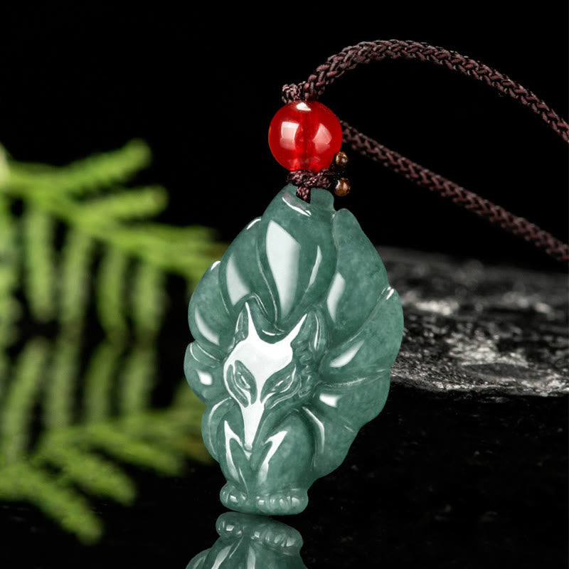 Buddha Stones天然緑翡翠九尾狐幸運ネックレスペンダント - image 1