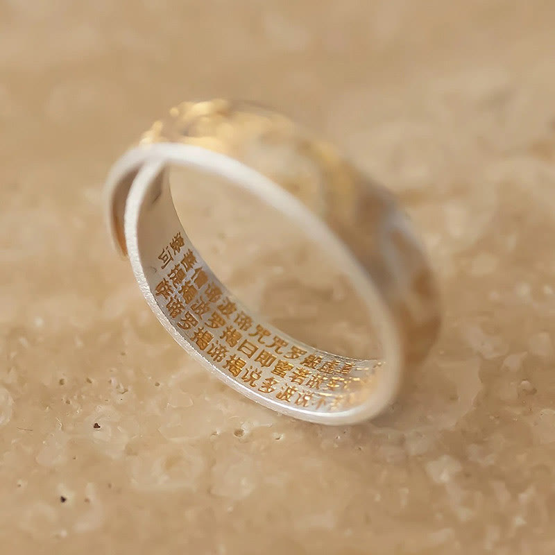 仏陀石 999 スターリングシルバー 金彩 喜びの花模様 平安の般若心経リング