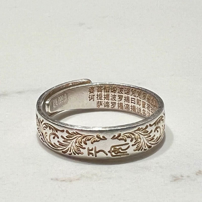 仏陀石 999 スターリングシルバー 金彩 喜びの花模様 平安の般若心経リング