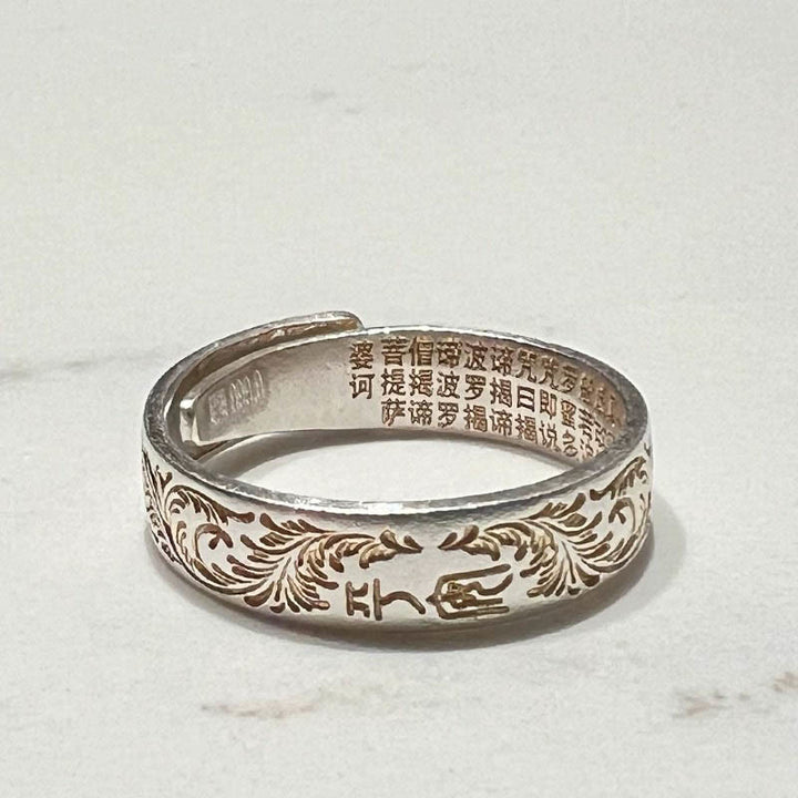 仏陀石 999 スターリングシルバー 金彩 喜びの花模様 平安の般若心経リング