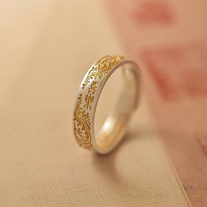 仏陀石 999 スターリングシルバー 金彩 喜びの花模様 平安の般若心経リング