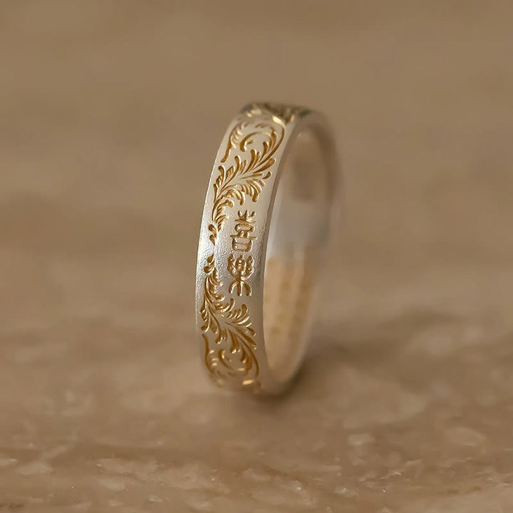 仏陀石 999 スターリングシルバー 金彩 喜びの花模様 平安の般若心経リング