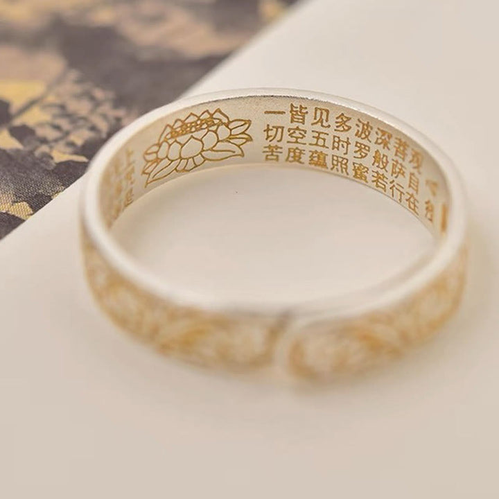 仏陀石 999 スターリングシルバー 金彩 喜びの花模様 平安の般若心経リング