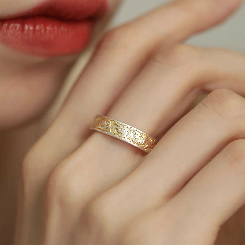 仏陀石 999 スターリングシルバー 金彩 喜びの花模様 平安の般若心経リング