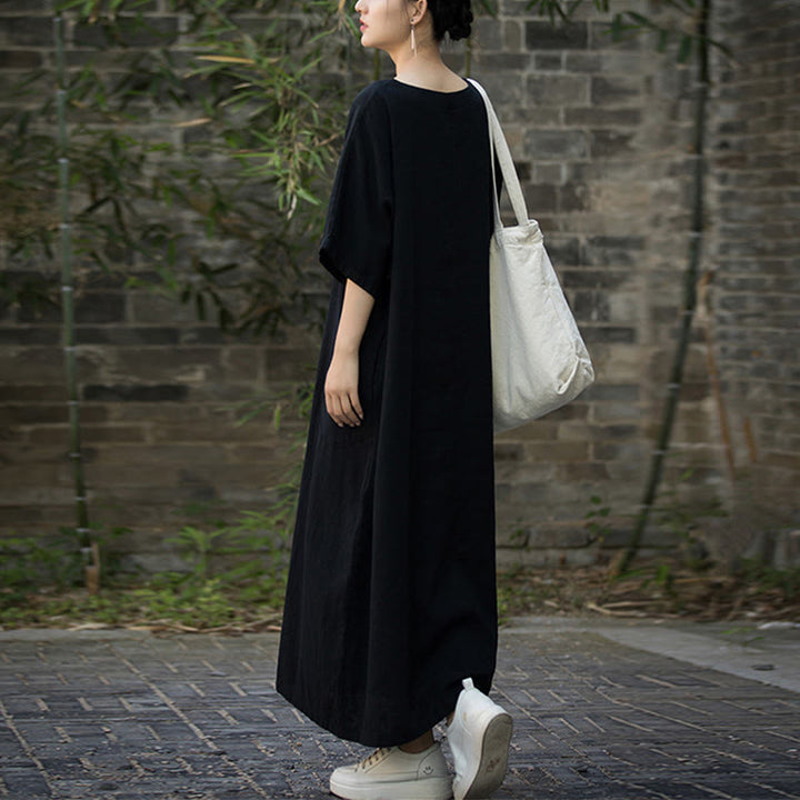 Buddha Stones無地 Vネック ハーフスリーブ ラミーリネン ミディドレス ポケット付き - image 17