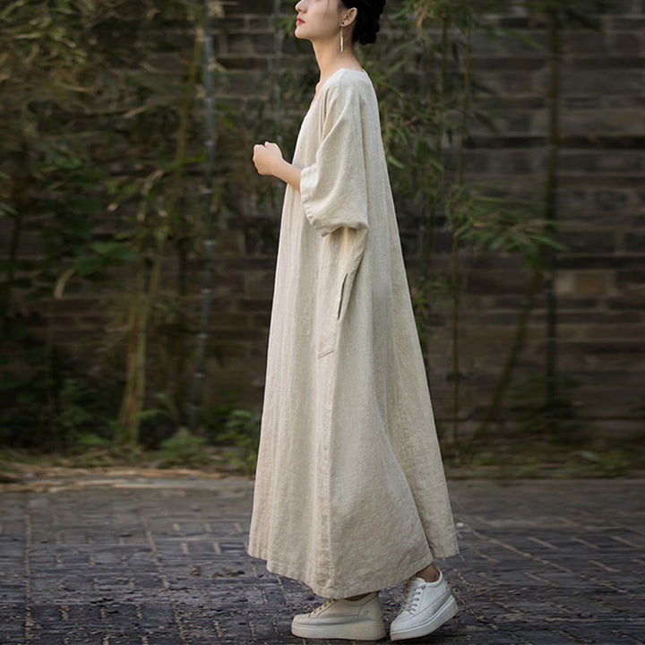 Buddha Stones無地 Vネック ハーフスリーブ ラミーリネン ミディドレス ポケット付き - image 7