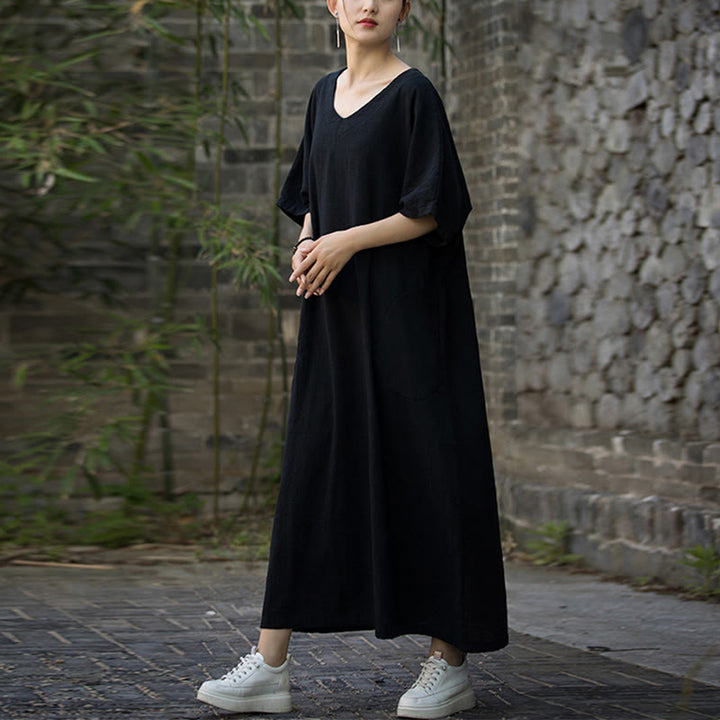 Buddha Stones無地 Vネック ハーフスリーブ ラミーリネン ミディドレス ポケット付き - image 14