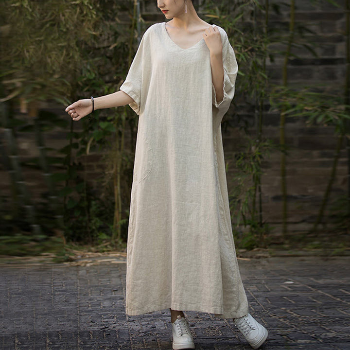 Buddha Stones無地 Vネック ハーフスリーブ ラミーリネン ミディドレス ポケット付き - image 9