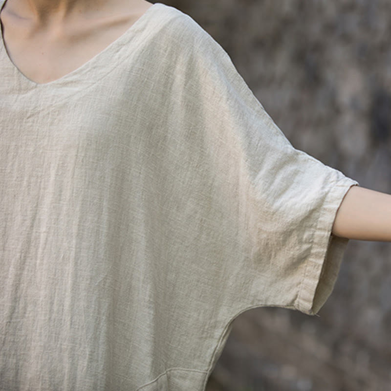 Buddha Stones無地 Vネック ハーフスリーブ ラミーリネン ミディドレス ポケット付き - image 3