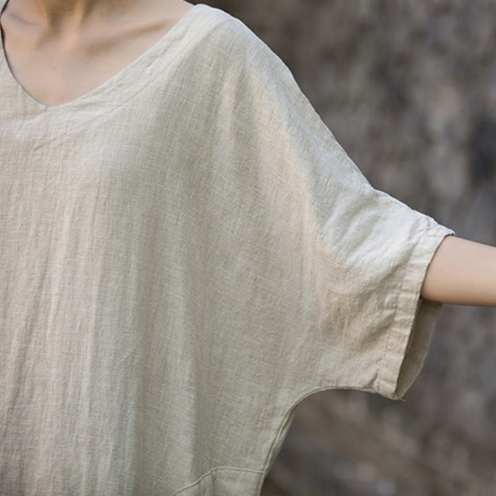 Buddha Stones無地 Vネック ハーフスリーブ ラミーリネン ミディドレス ポケット付き - image 3