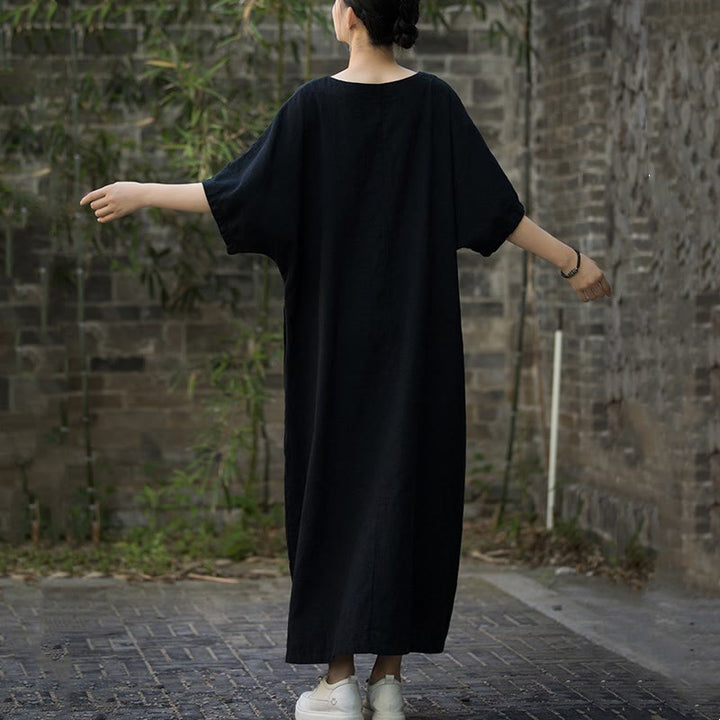 Buddha Stones無地 Vネック ハーフスリーブ ラミーリネン ミディドレス ポケット付き - image 12