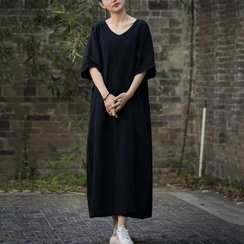 Buddha Stones無地 Vネック ハーフスリーブ ラミーリネン ミディドレス ポケット付き - image 18