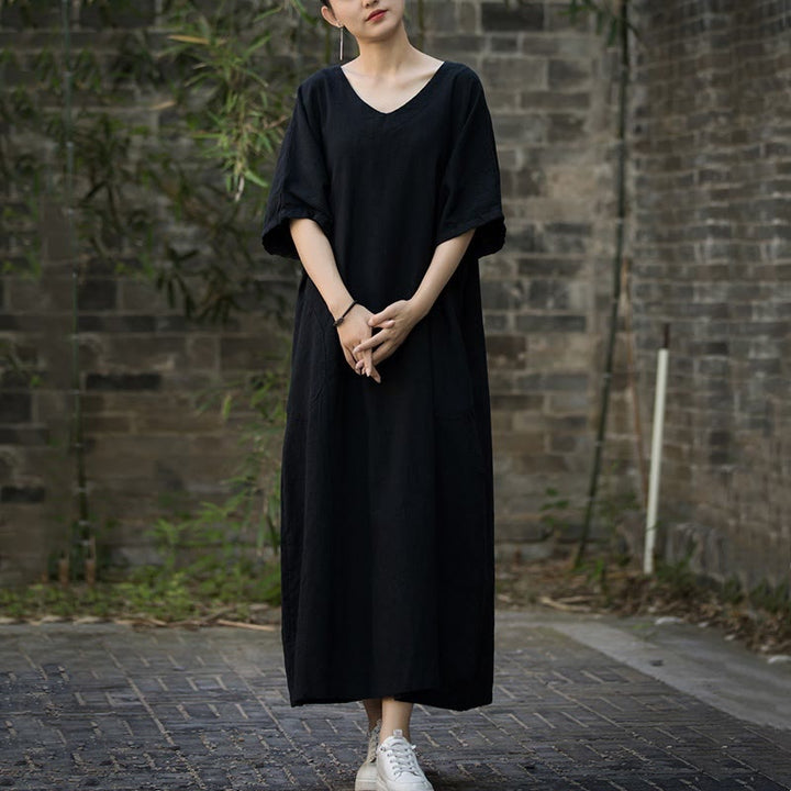 Buddha Stones無地 Vネック ハーフスリーブ ラミーリネン ミディドレス ポケット付き - image 18