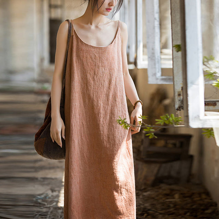 Buddha Stonesのサマースパゲッティストラップハンドメイドタイダイリネンミディキャミワンピース - モカシン - F( US4-8/10、 UK/AU8-12/14、EU36-40/42に適合) - image 12