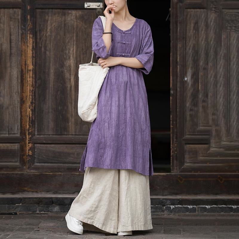 Buddha Stonesハンドメイド タイダイ ラミー リネン フロッグボタン ミディドレス ワイドレッグパンツ ポケット付き - image 4