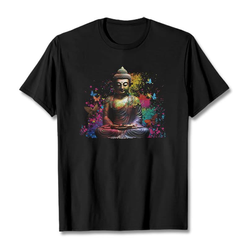 Buddha Stones、カラフルな蝶が飛んでいる瞑想仏陀Tシ​​ャツ - 黒 - 2XL - image 1