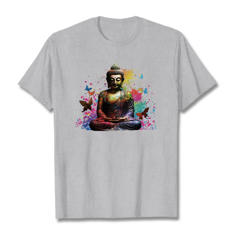 Buddha Stones、カラフルな蝶が飛んでいる瞑想仏陀Tシ​​ャツ - ライトグレー - 2XL - image 19