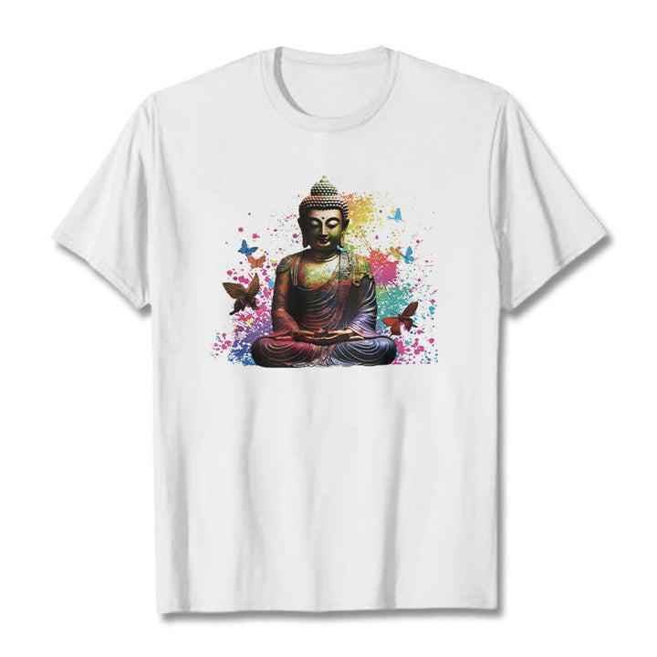Buddha Stones、カラフルな蝶が飛んでいる瞑想仏陀Tシ​​ャツ - 白 - 2XL - image 5